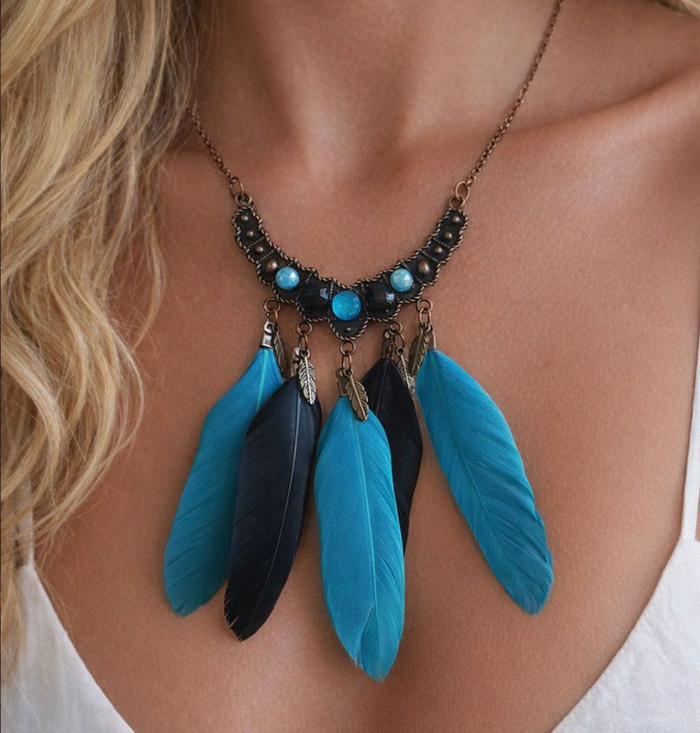 Aqua Blue Feather Charm Necklace As Worn