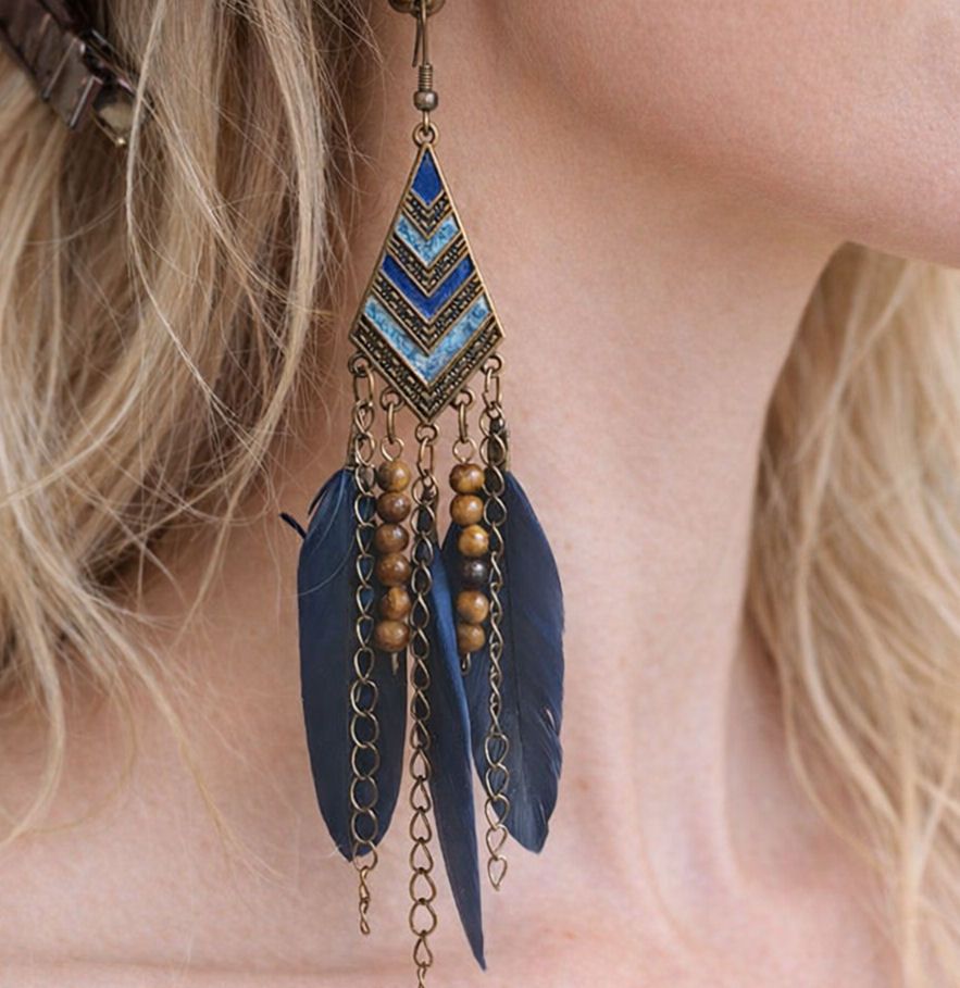 Navy Blue and Bronze Bohemian Chevron Feather Earrings