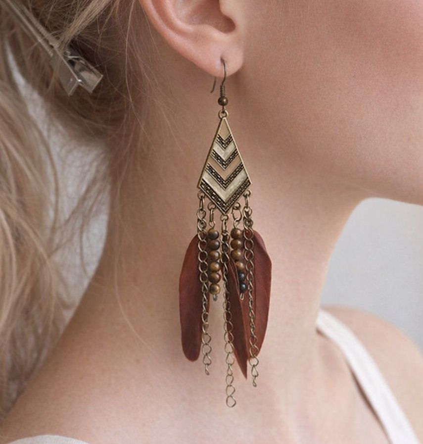 Brown and Bronze Boho Feather Drop Earrings &ndash; Tribal Chevron Design
