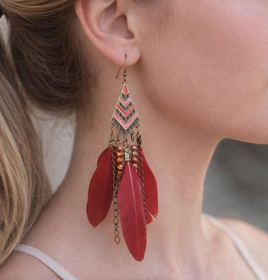Burgundy and Bronze Boho Feather Drop Earrings &ndash; Tribal Chevron Design