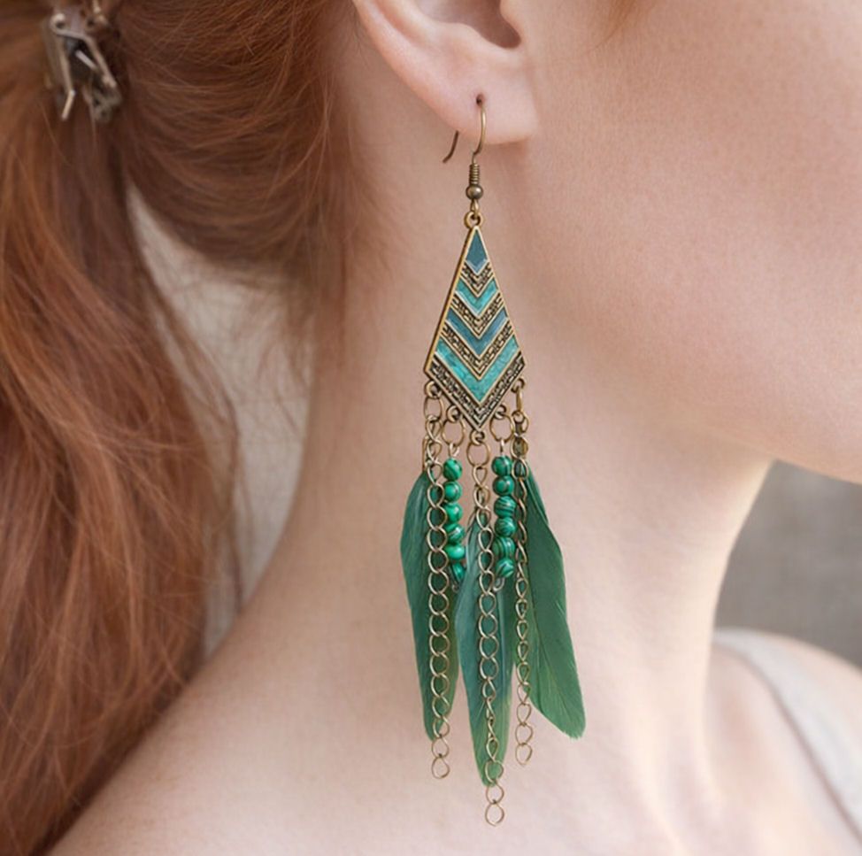 Dark Green and Bronze Boho Feather Drop Earrings &ndash; Tribal Chevron Design