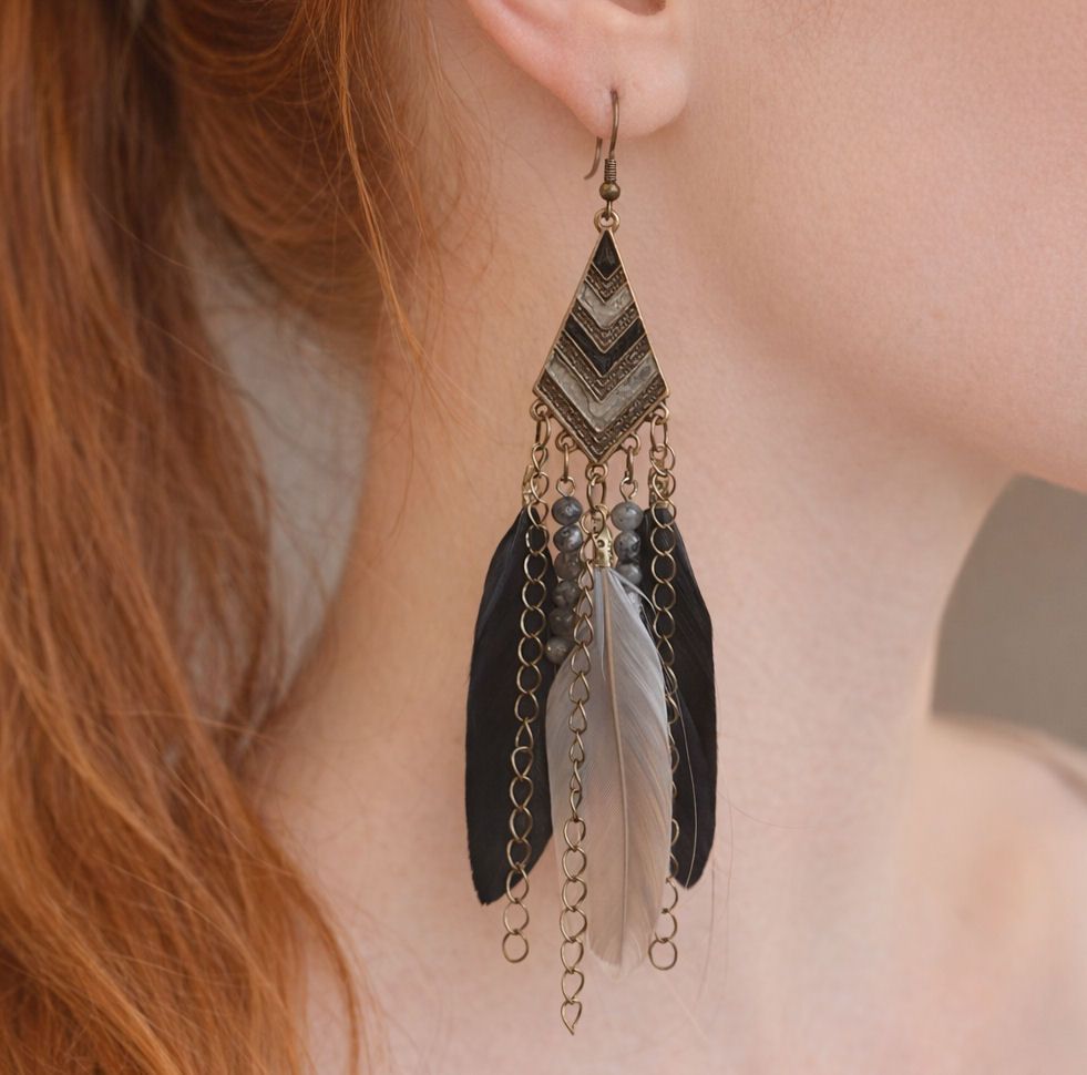 Black, Silver and Bronze Boho Feather Drop Earrings &ndash; Tribal Chevron Design