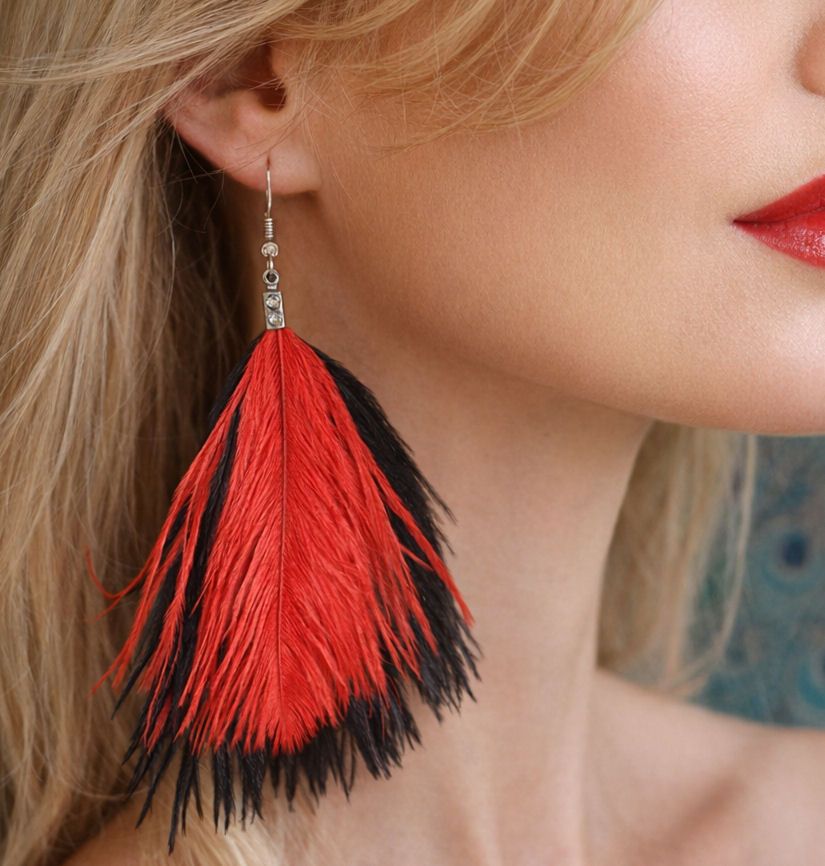 Black and Red Ostrich Feather Earrings