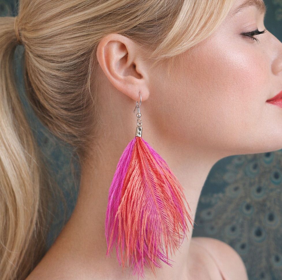Dark Pink and Burnt Red Ostrich Feather Earrings