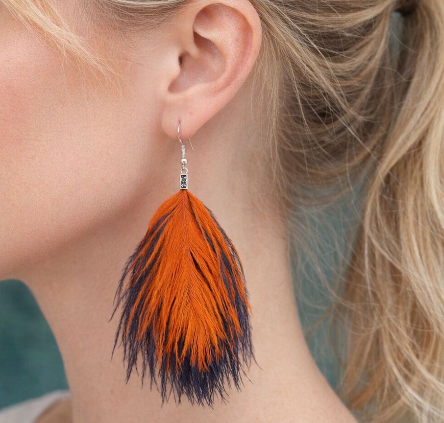 Navy Blue and Orange Ostrich Feather Earrings
