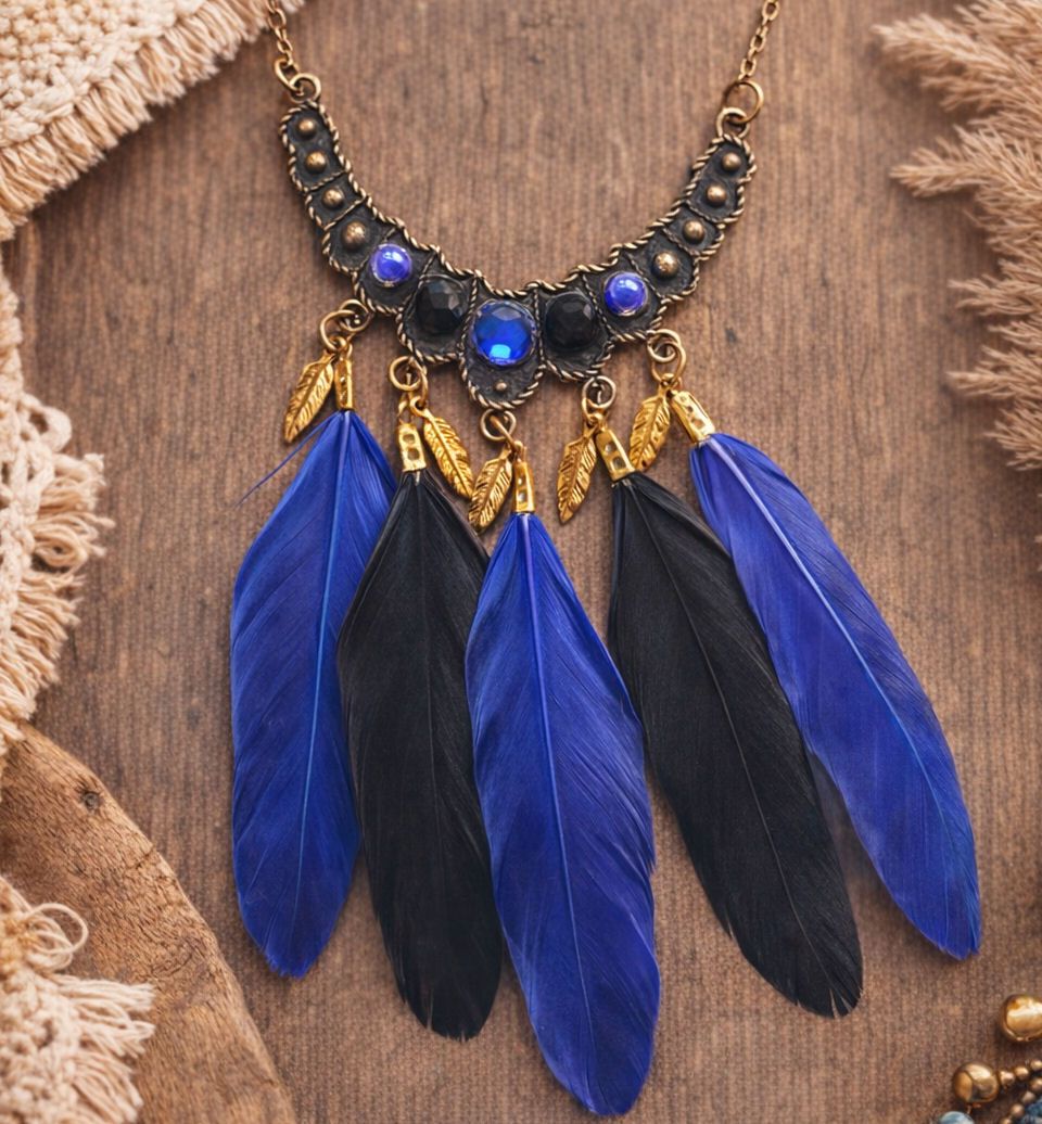 Bohemian Feather Necklace with Blue Gemstones 
