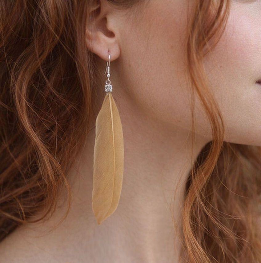 Beige Handcrafted Feather Earrings