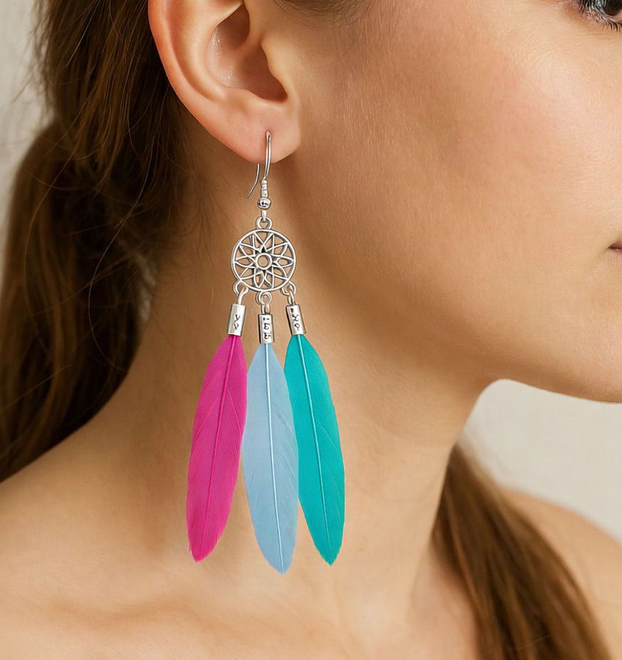 Blue, Green and Pink Feather Earrings with Decorative Silver Pendant and Three Sleek Goose Feathers