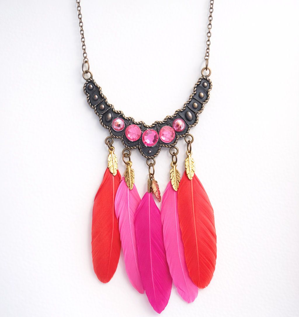 Pink Feather Charm Necklace with Red Copper Detail
