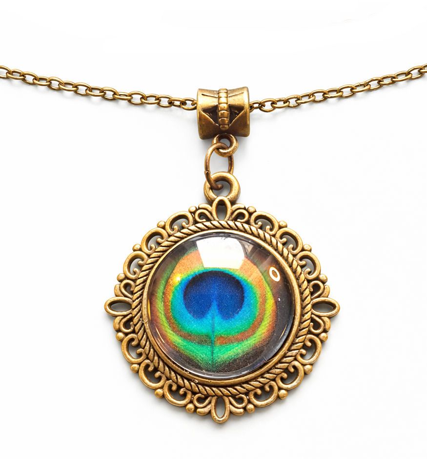 Bronze Peacock Eye Glass Cabochon Pendant Necklace