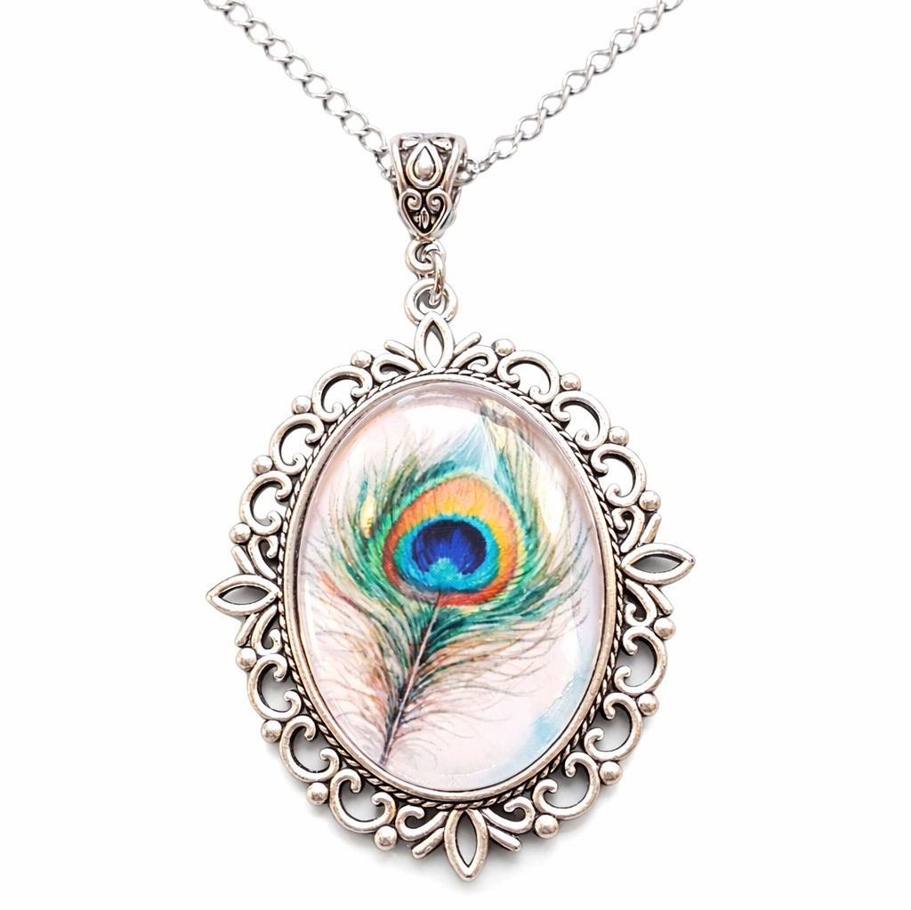 Peacock Feather Pendant Necklace &ndash; Antique Silver Finish (Large)