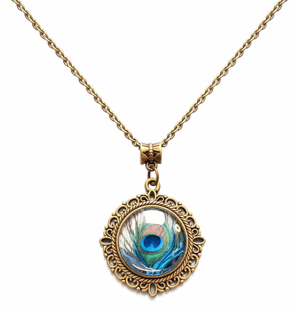 Peacock Feather Pendant Necklace &ndash; Antique Bronze Frame