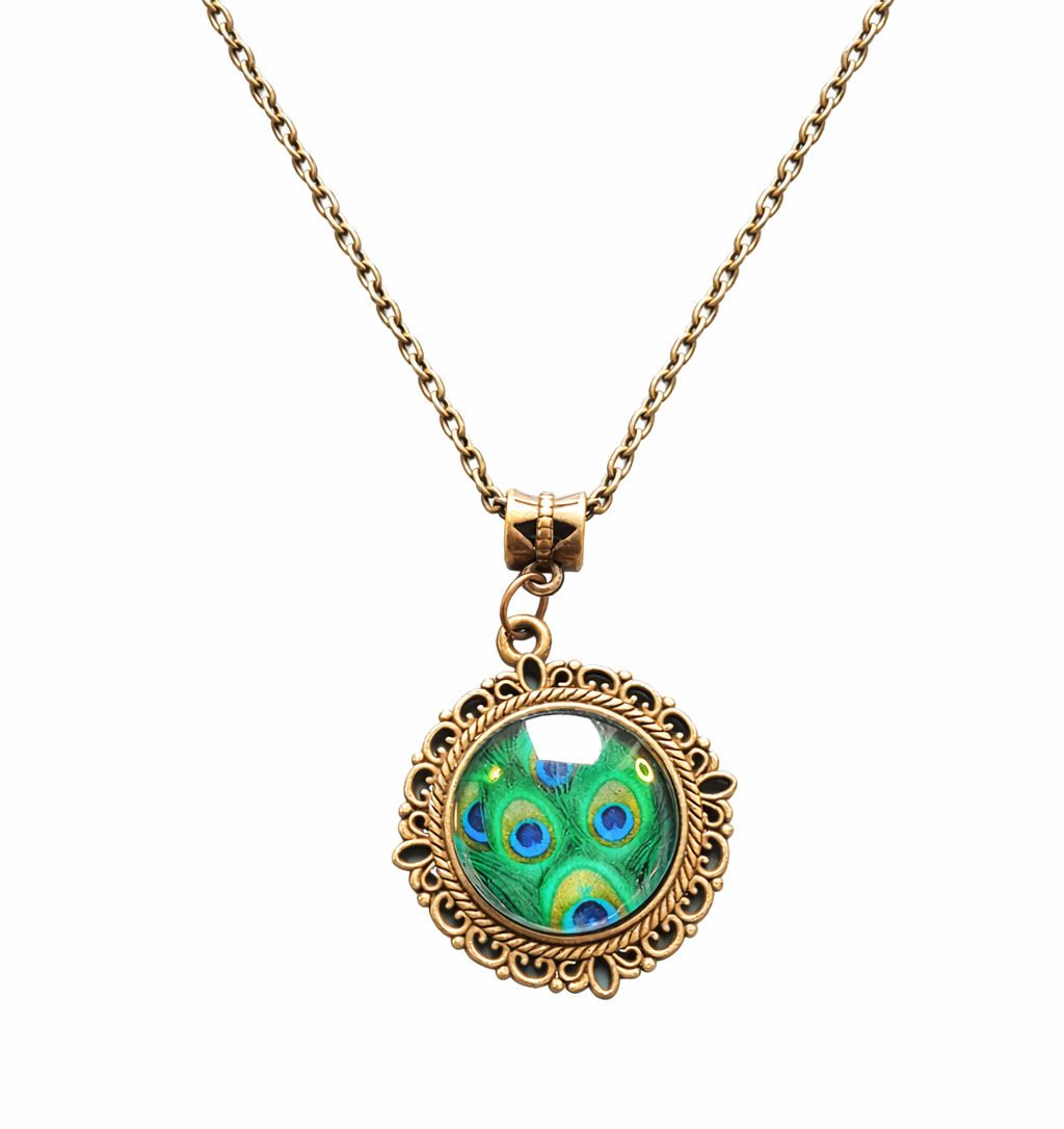 Peacock Eye Glass Cabochon Pendant Necklace &ndash; Antique Bronze, 20-Inch Chain