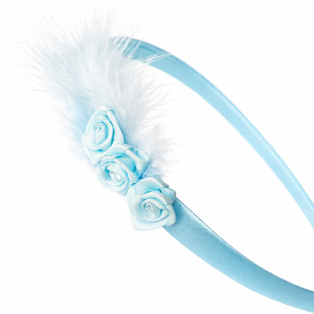 Pale Blue Feather Headband with Rose Bud Detail