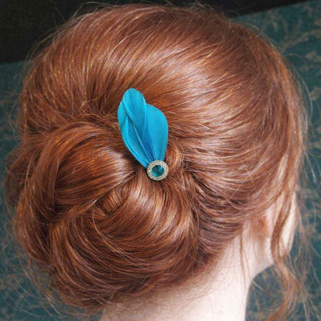 Aqua Blue Feather Hair Grip with Gem