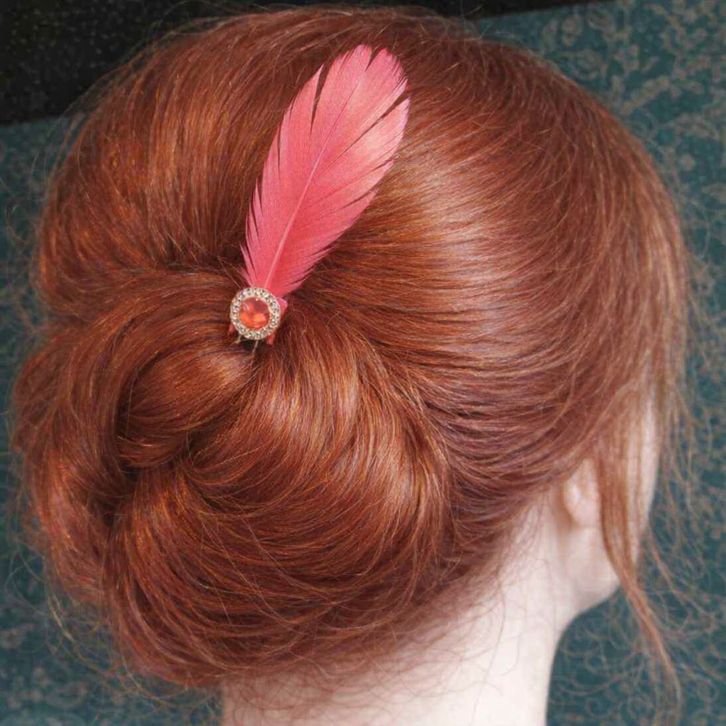 Coral Pink Feather Hair Grip with Gem