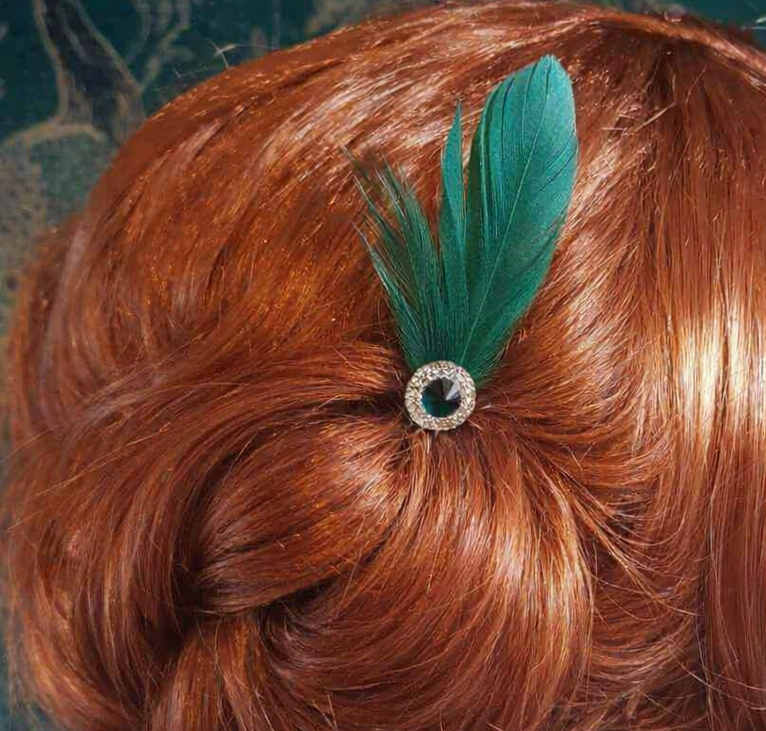 Dark Green Feather Hair Grip with Gem