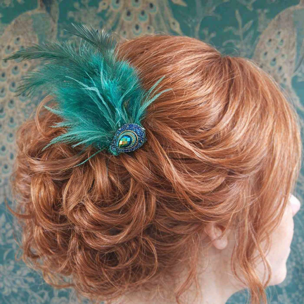 Dark Green Feather Hair Comb with Peacock Themed Gem