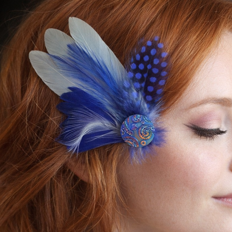 Light Blue and Royal Blue Feather Hair Clip, Buttonhole, Hat Brooch, Lapel Pin