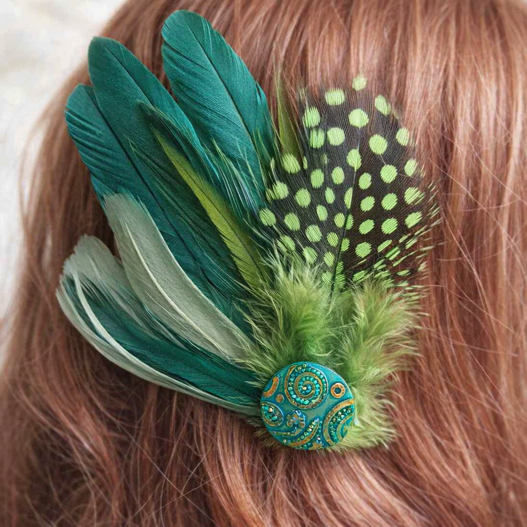 Dark Green, Olive and Lime Green Feather Hair Clip, Buttonhole, Hat Brooch, Lapel Pin
