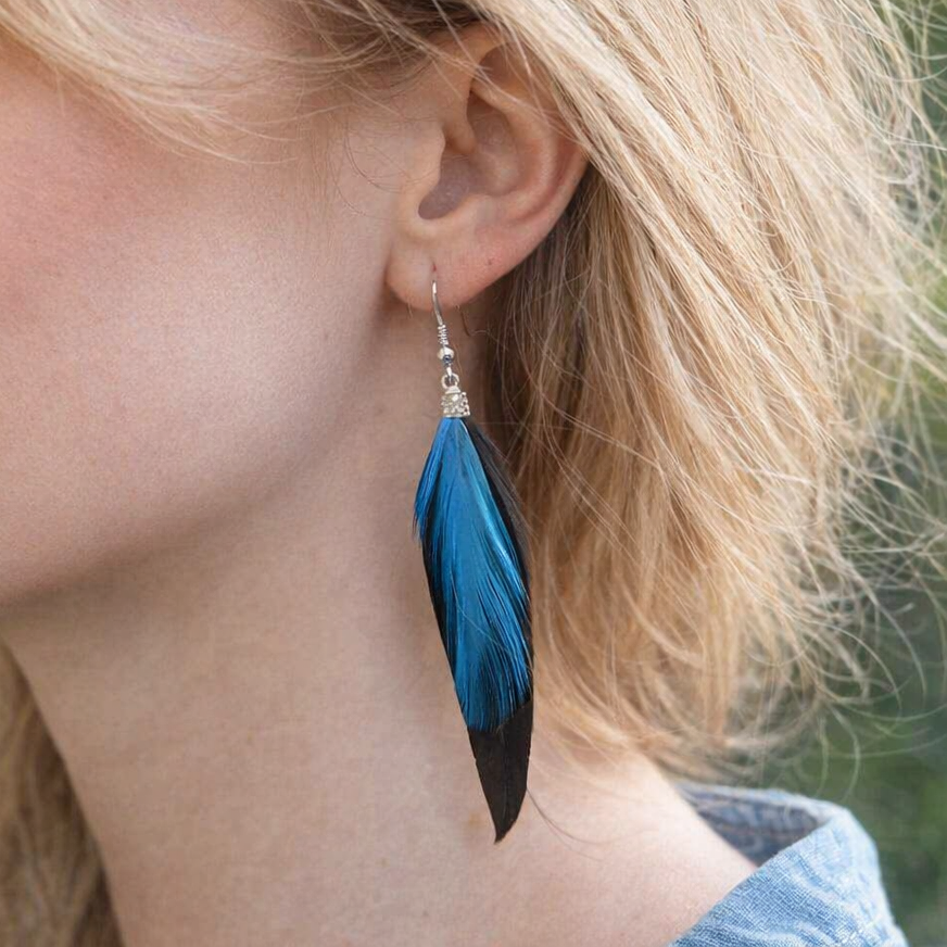 Black Feather Earrings with Dark Turquoise Blue Hackle Feathers