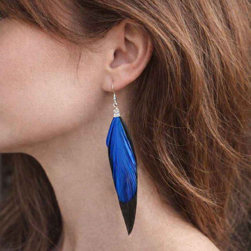 Black Feather Earrings with Electric Blue Hackle Feathers