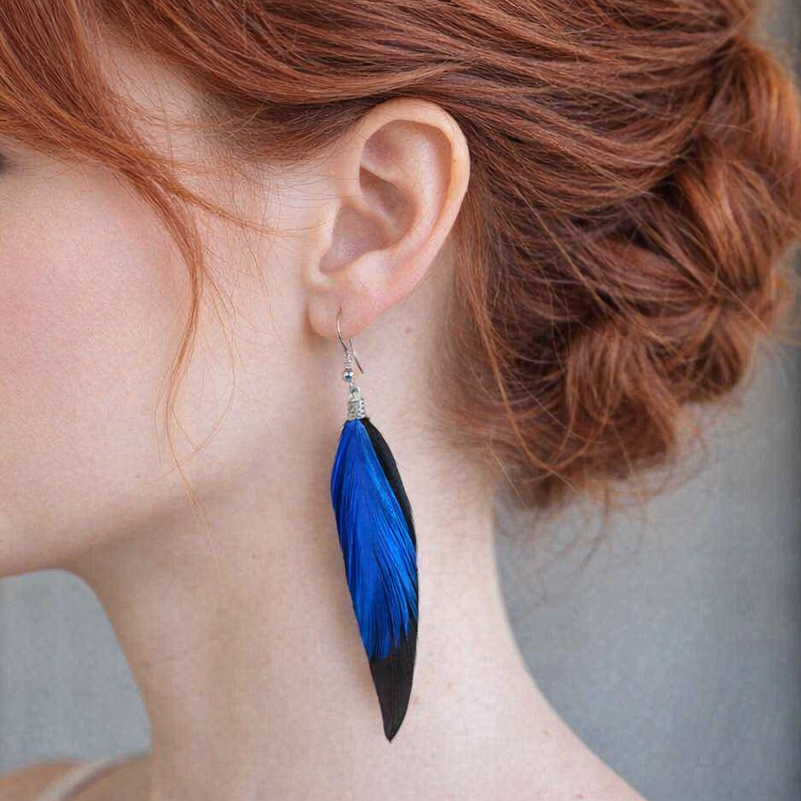 Black Feather Earrings with Royal Blue Hackle Feathers