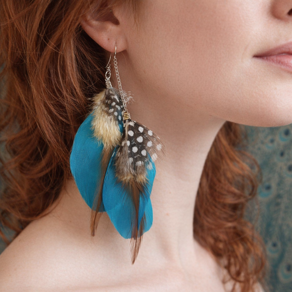 Deep Turquoise Goose Double Feather long earrings