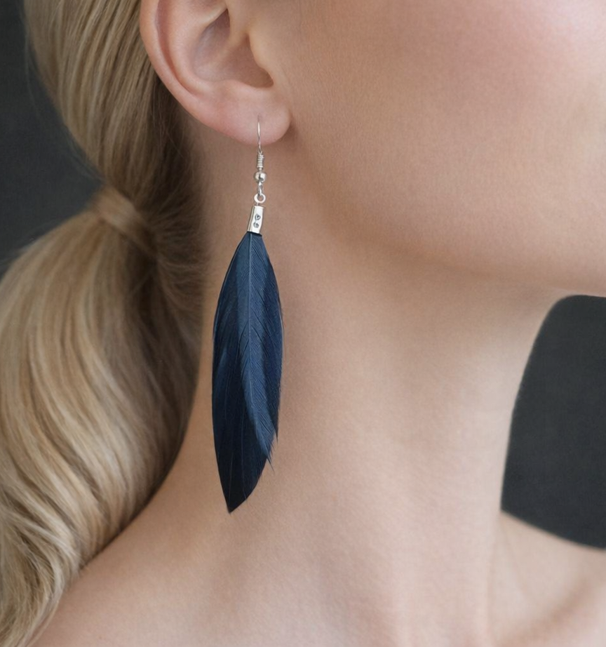 Dusky Blue and Black Feather Earrings with Eyelash Style Feathers