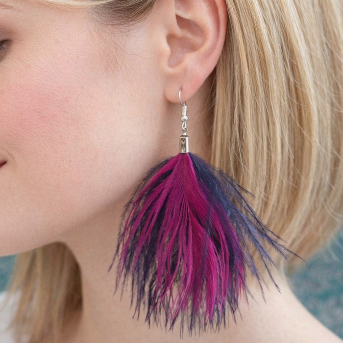 Navy Blue and Shocking Pink Ostrich Feather Earrings