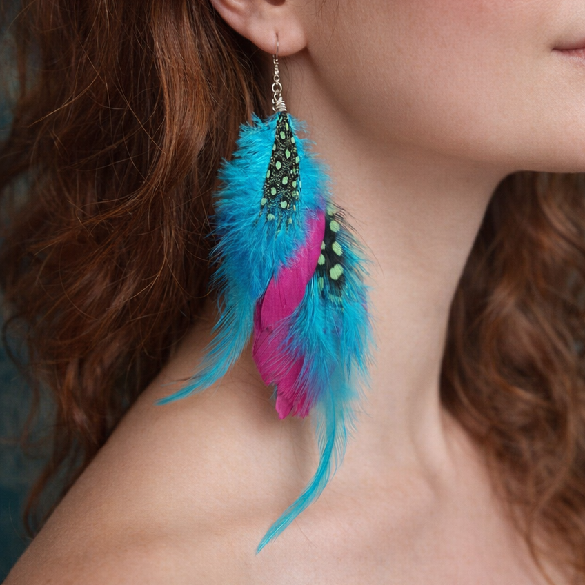 Shocking Pink and Aqua Goose Double Feather long earrings