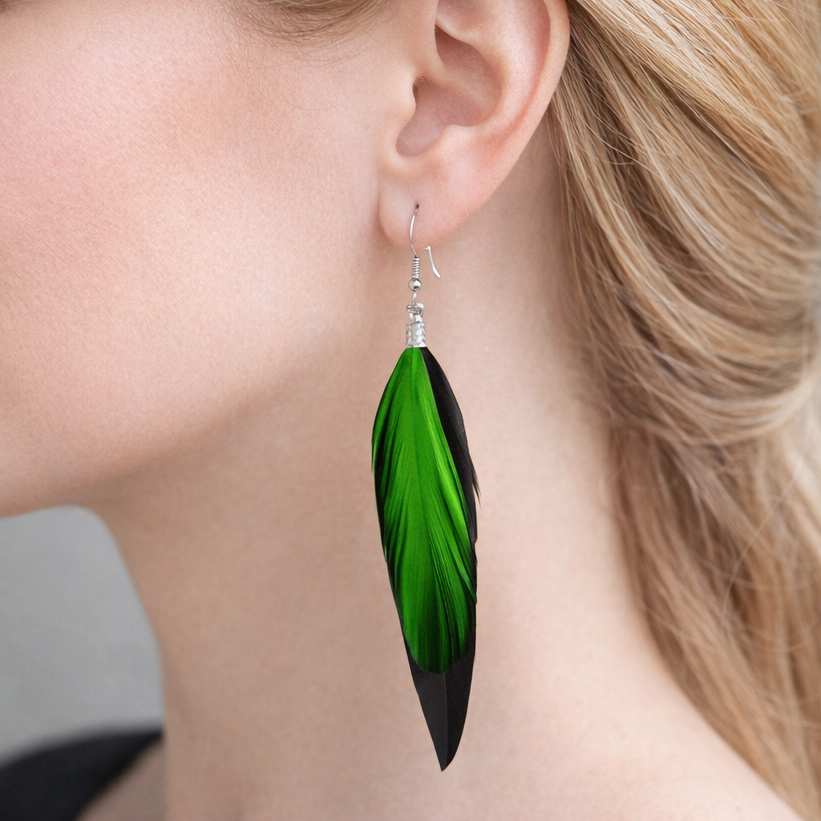 Black Feather Earrings with Green Hackle Feathers