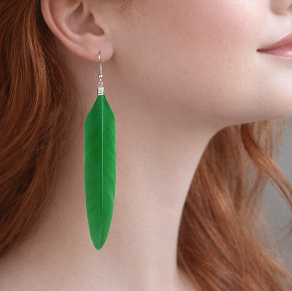 Green and Silver Feather Earrings