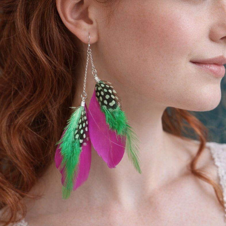Shocking Pink and Lime Green Double long feather earrings