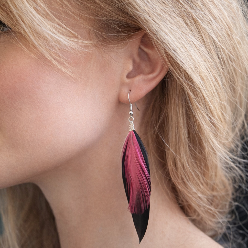 Black Feather Earrings with Hot Pink Hackle Feathers