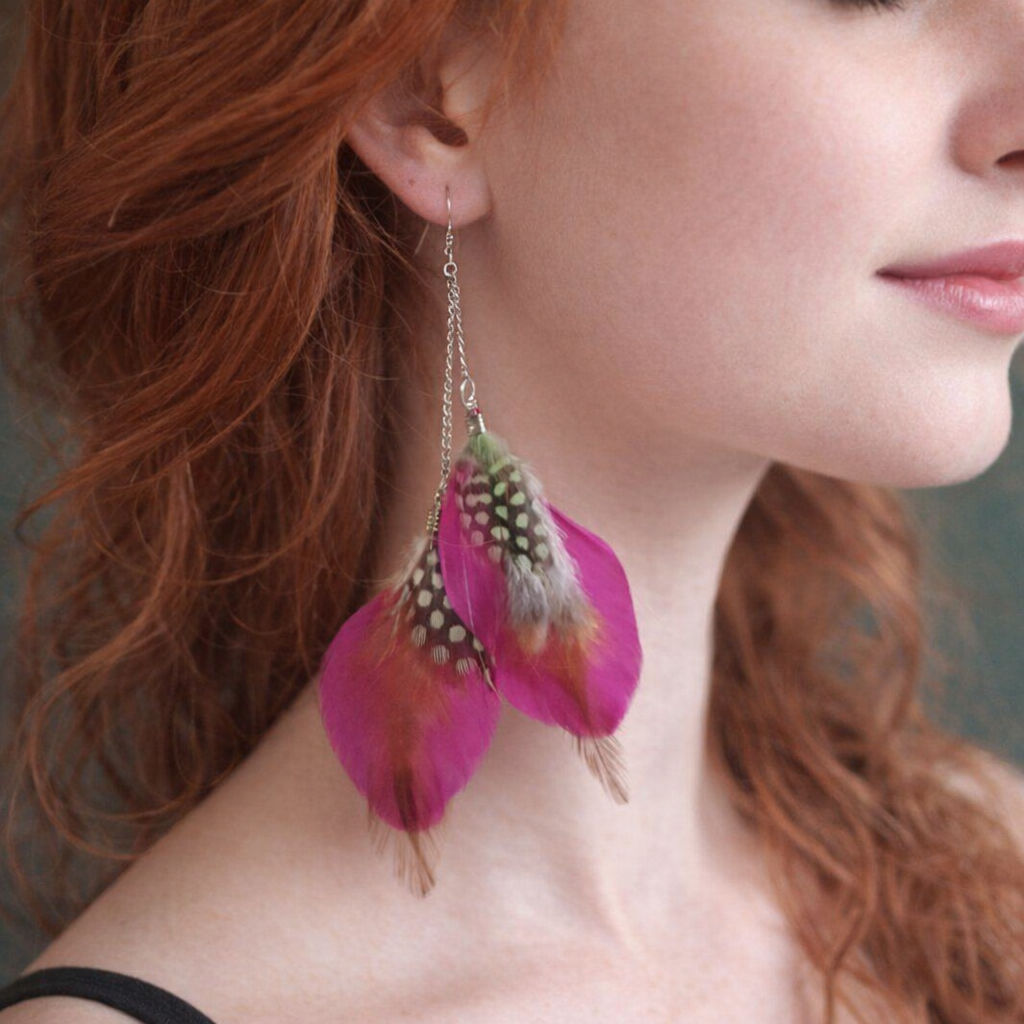 Shocking Pink Goose Double Feather long earrings