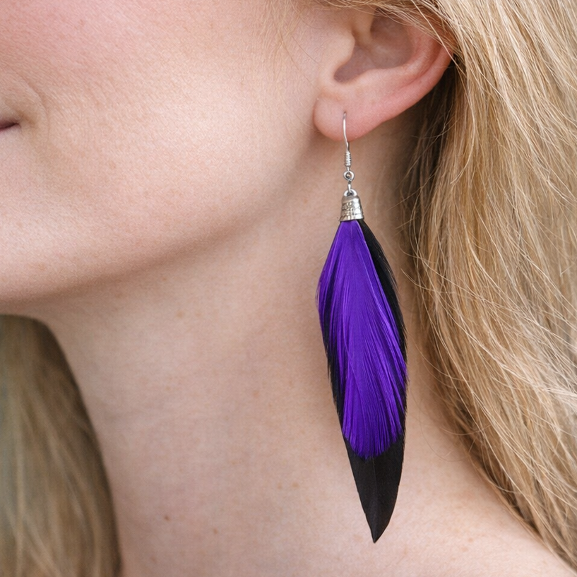 Black Feather Earrings with Purple Hackle Feathers