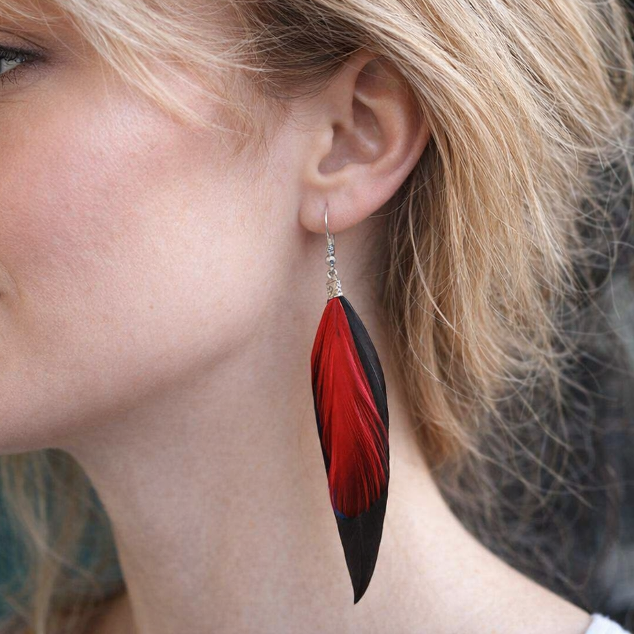 Black Feather Earrings with Red Hackle Feathers