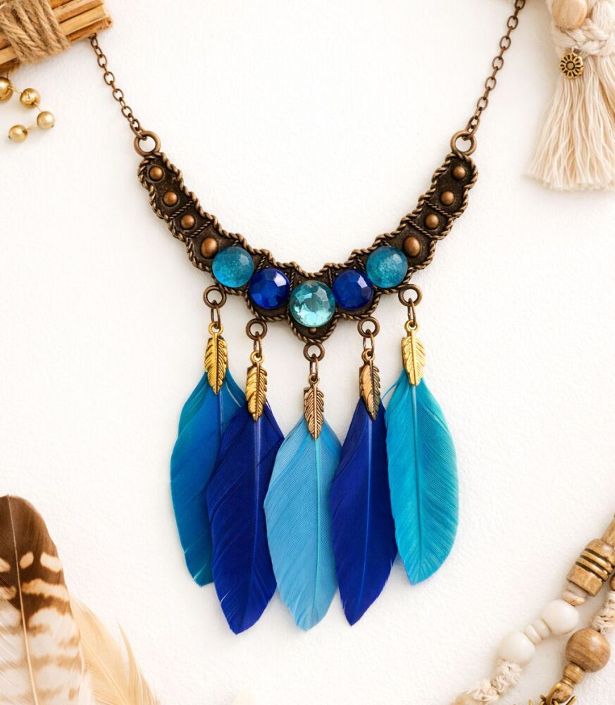 Boho Blue Feather Necklace &ndash; Crescent Gemstone Pendant with Bronze Chain