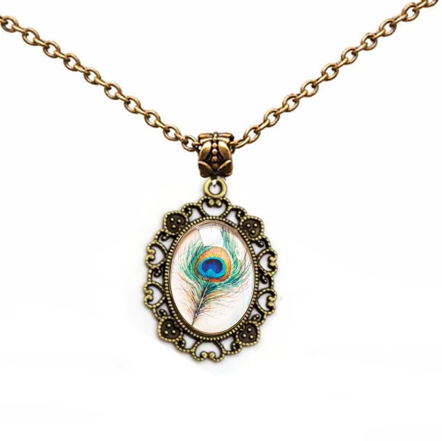 Vintage Bronze Peacock Feather Pendant Necklace