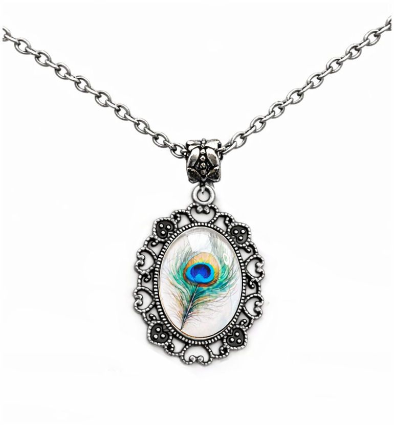 Antique Silver Oval Peacock Feather Pendant Necklace