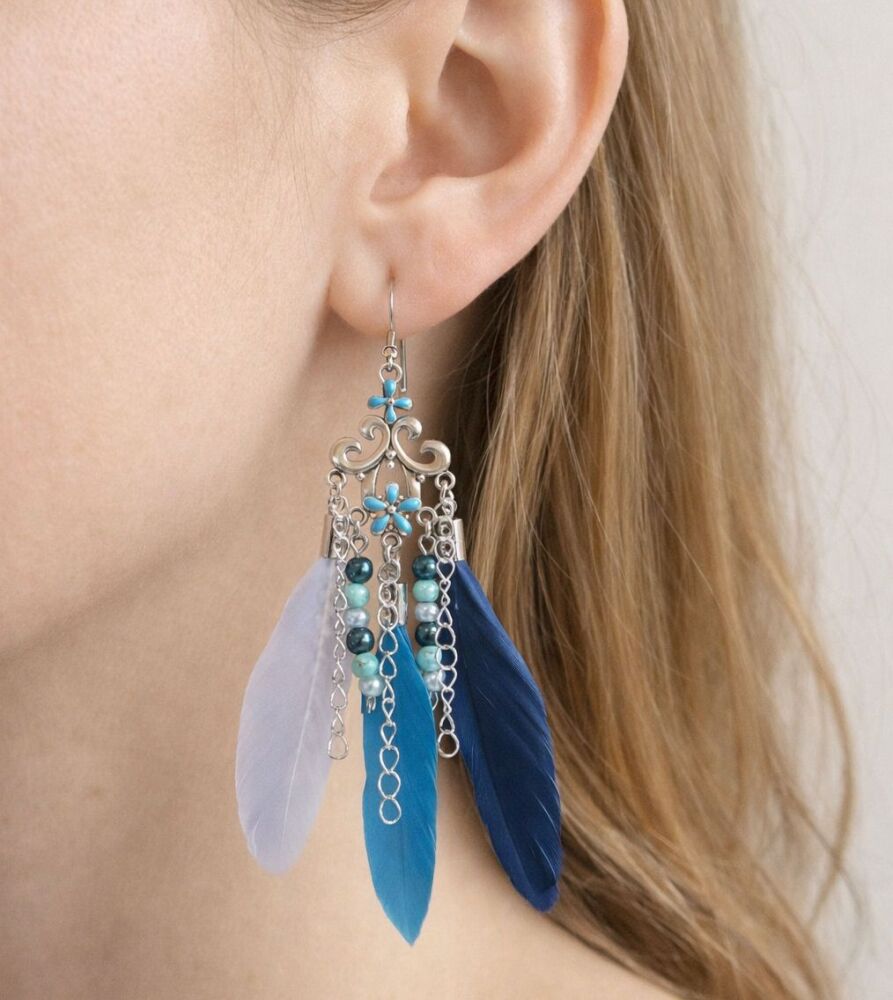 Navy Blue, Turquoise and Light Blue Feather Drop Earring &ndash; Boho Silver Filigree Design