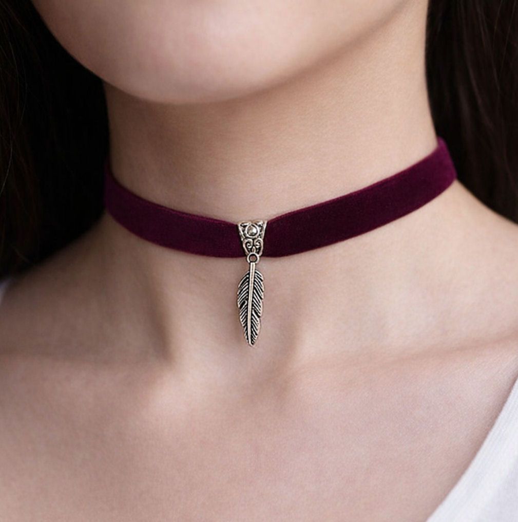 Burgundy Velvet Choker with Silver Feather Charm