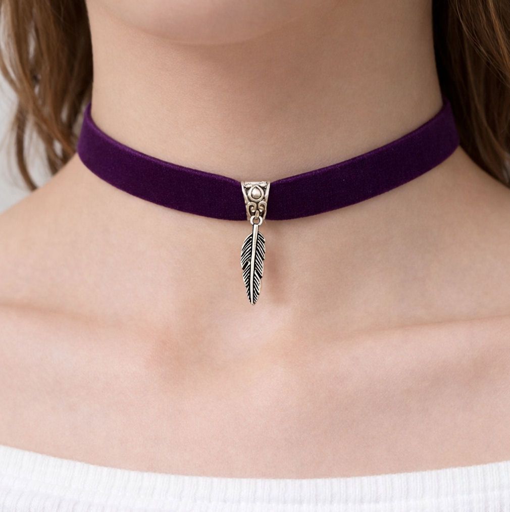 Purple Velvet Choker with Silver Feather Charm