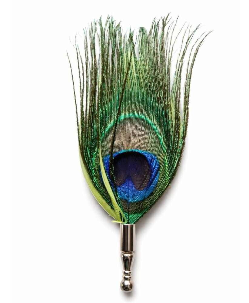 Peacock Eye Feather and Sage Moss Green Groom Goose Feather Buttonhole