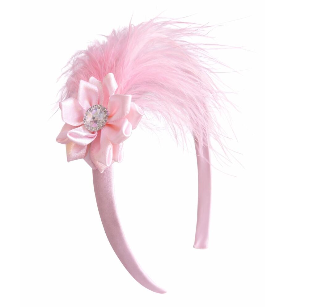Baby Pink Feather & Satin Flower Headband &ndash; Elegant Handmade Accessory with Rhinestone Detail