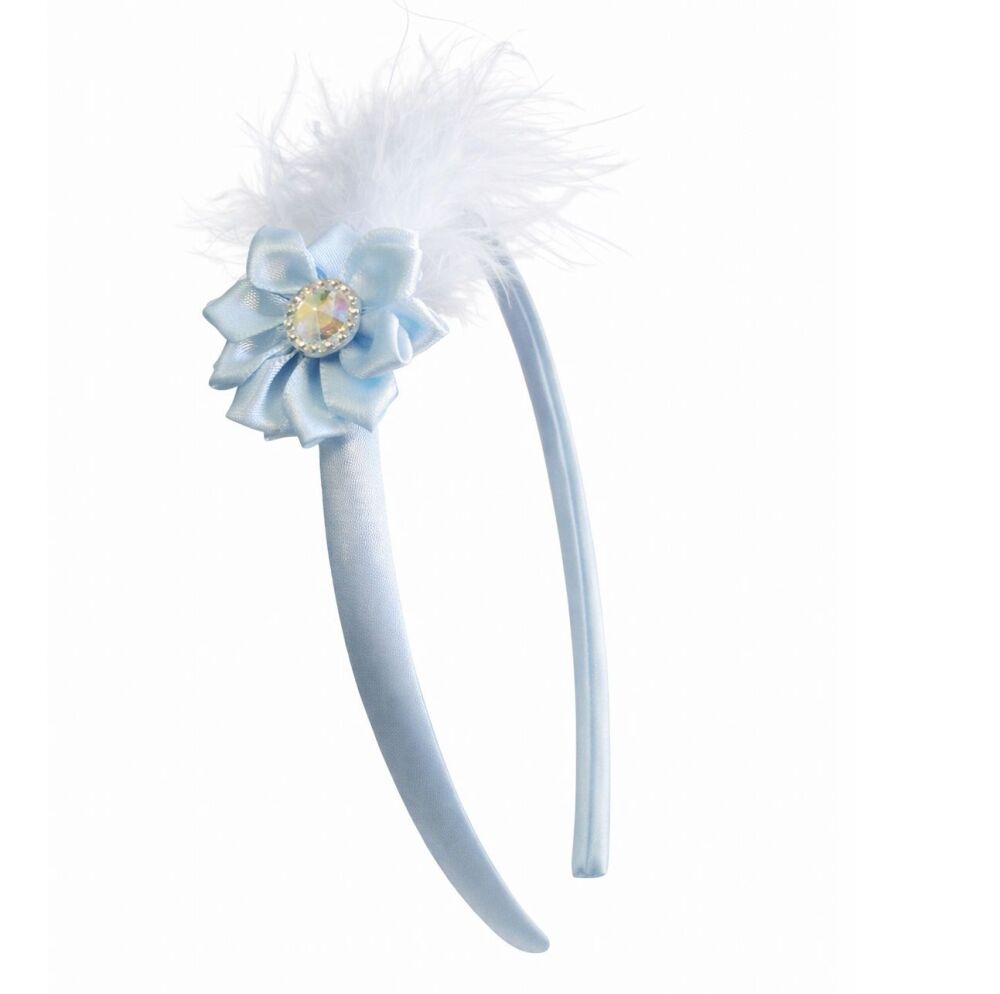 Light Blue Satin Headband with Ribbon Flower, Rhinestone Center & Blue Feather