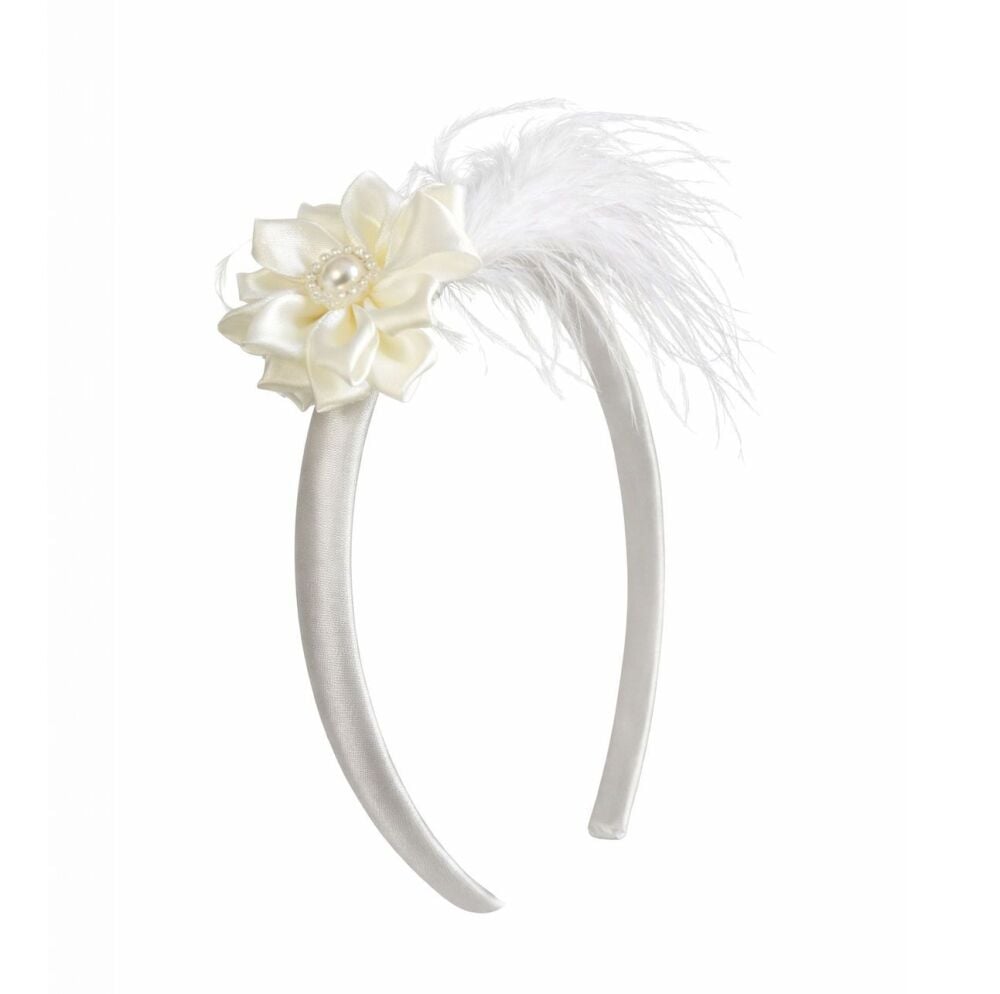 Ivory Satin Headband with Flower and Feather Accent &ndash; Elegant Handmade Accessory