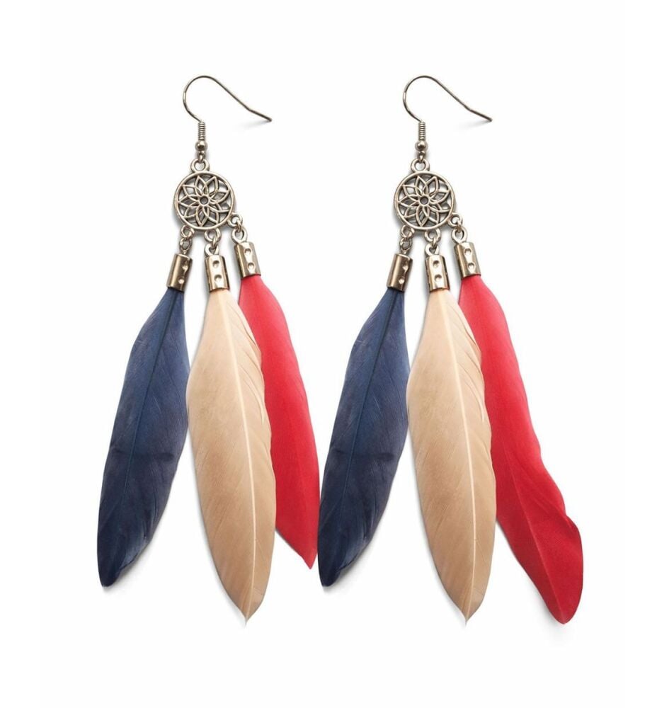 Bohemian Dreamcatcher Feather Earrings &ndash; Navy, Beige & Red with Silver Hooks