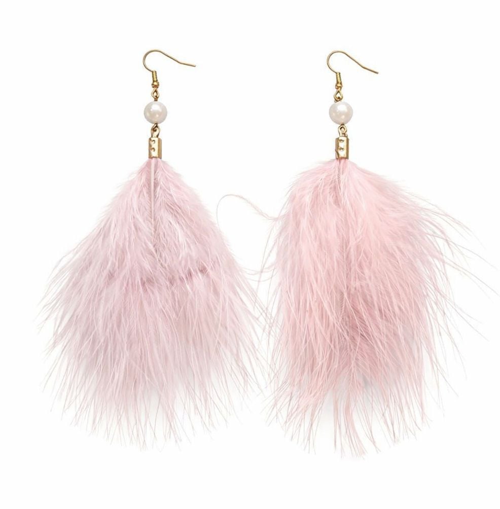 Dusky Pink Feather Earrings with Gold Hooks and Pearl Beads